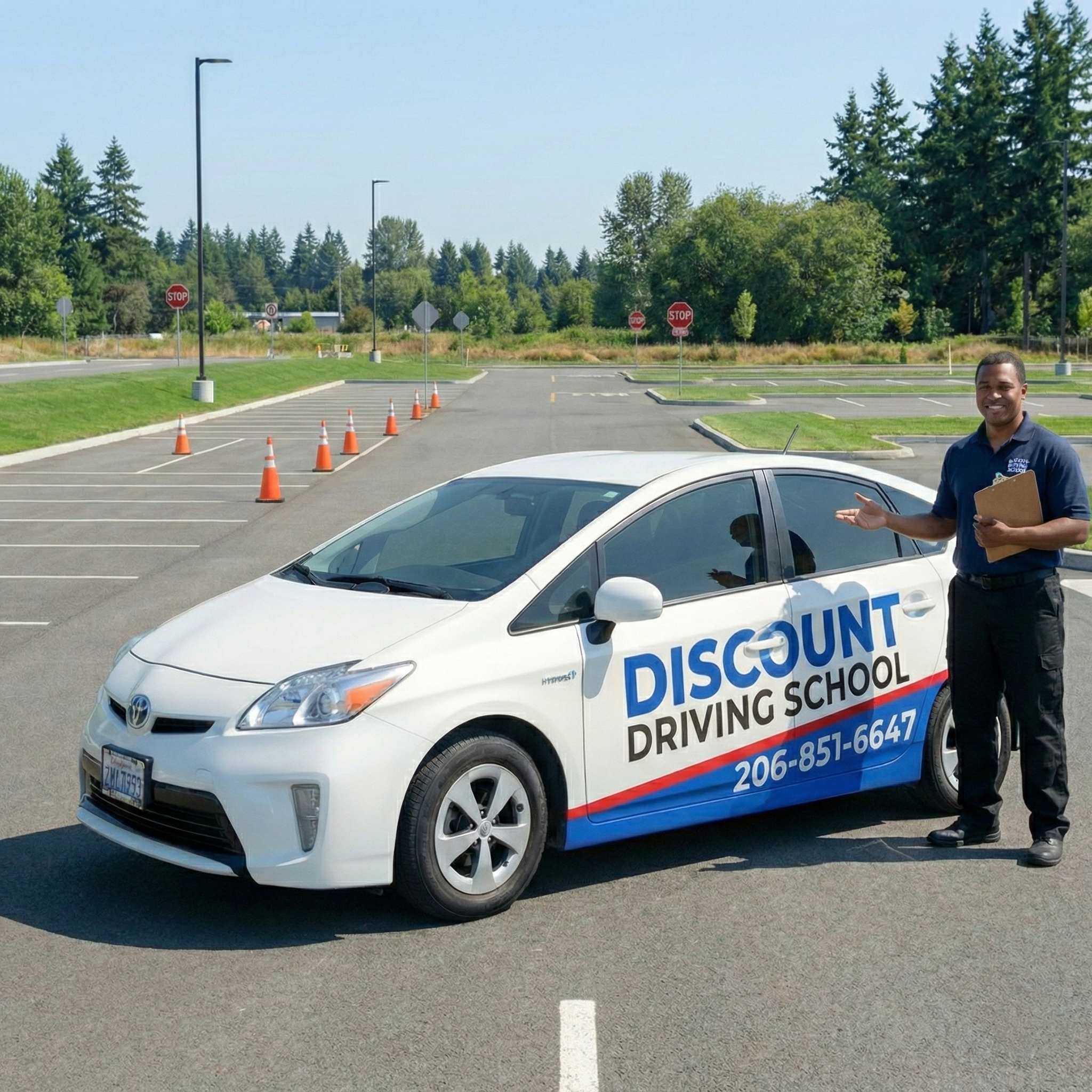 Friendly Discount Driving School instructor standing in testing lot