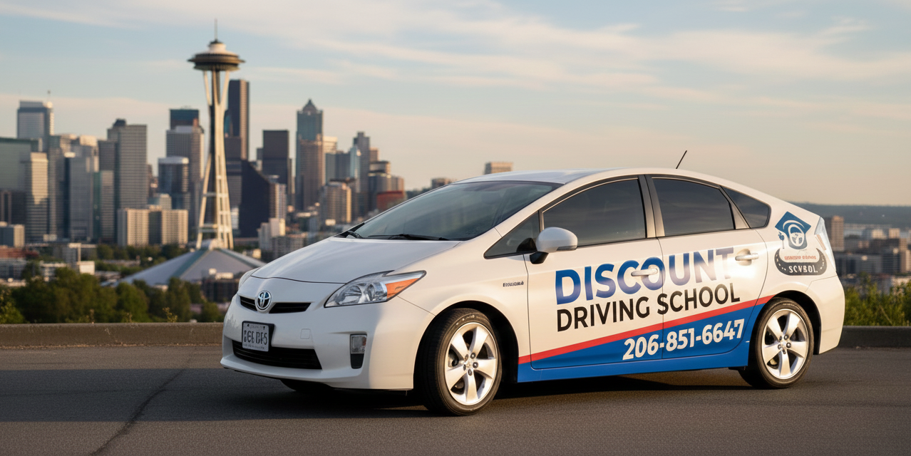 Seattle Discount Driving School car in front of Space Needle - Teen driver safety training